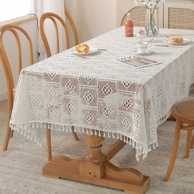 Bluejw American Pastoral Style Handmade Beige white Cotton Crochet Lace Tassel Hollowed Out Tablecloth home decoration table cover pad - Image 1